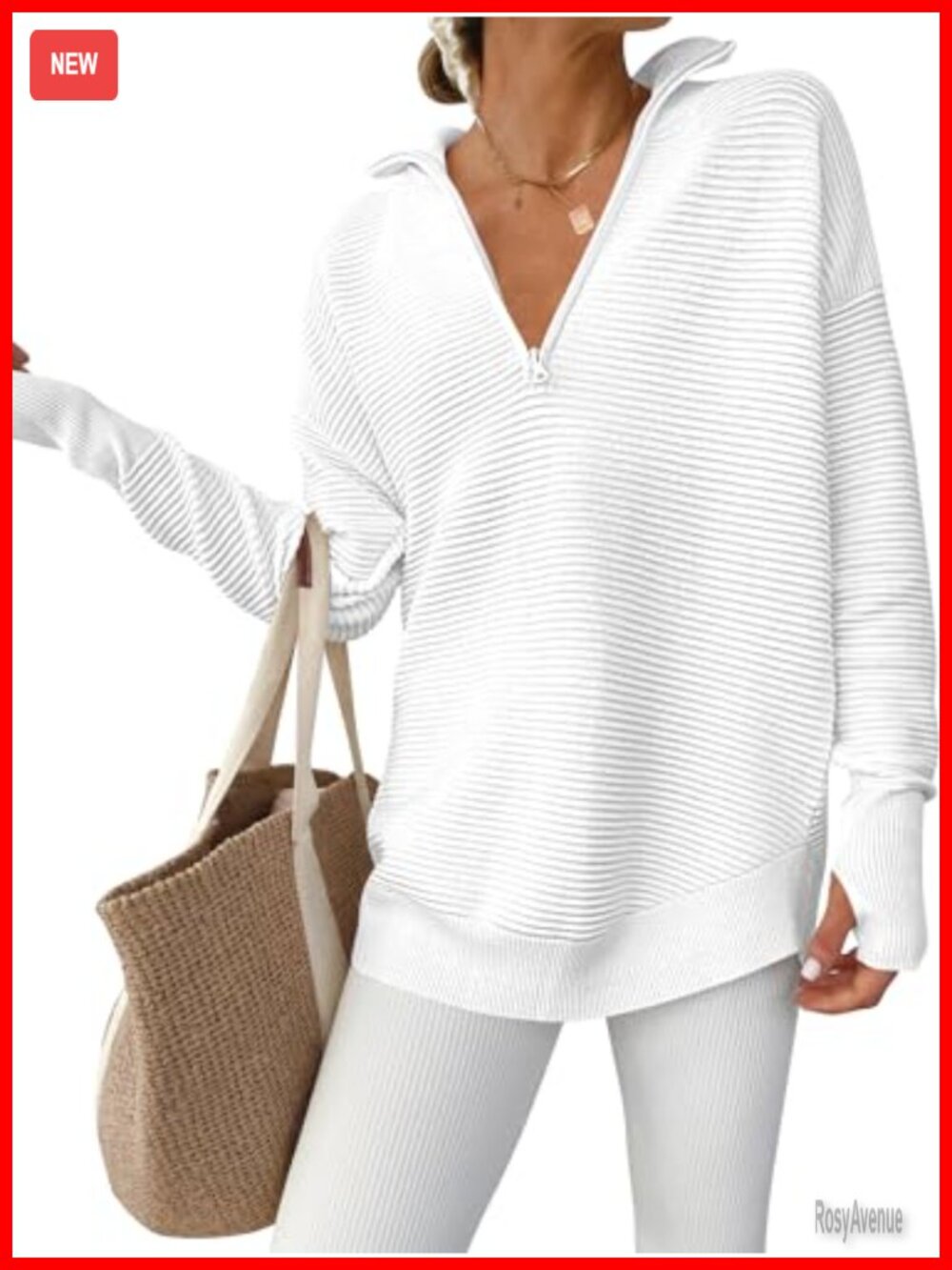 Women Long Sleeve V Neck Quarter Zip Rib Knit Sweater Pullover Loose Fit